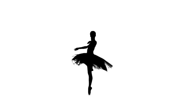 Ballerina Making Dance Trick, Fouetter, on White Background, Silhouette, Slow Motion