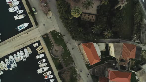 Rotating Top View Over Boats And Fire Truck In Marina, Split, Croatia