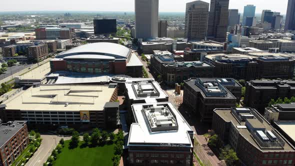 Arena District in Columbus Ohio with Nationwide Arena, home of the Columbus Blue Jackets