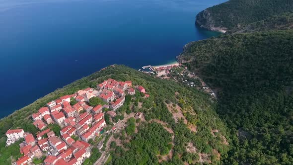 Aerial view of Beli cityscape at the top of mountain, Cres island, Croatia.