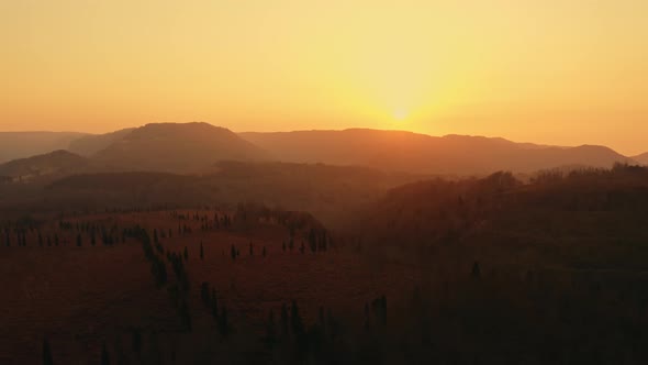 Aerial sunset view in the Sila mountains. Calabria, Italy.