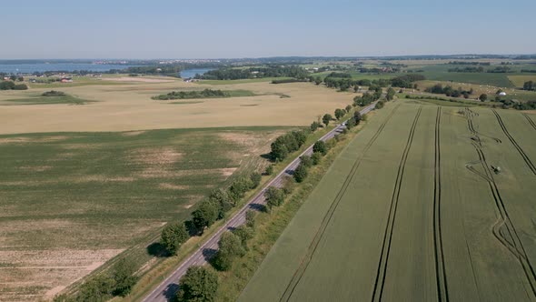 A romantic country road with trees on the left and right winds through the Mazury Region in Poland -