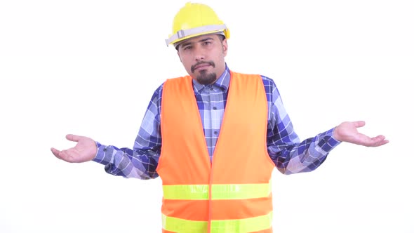 Confused Bearded Persian Man Construction Worker Shrugging Shoulders