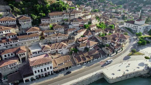 Flying Over Berat Old Town in Albania at Sunrise