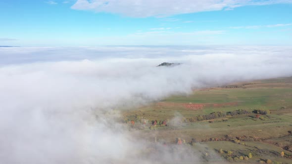 Countryside Autumn Misty Landscape, Meadow Pasture. Aerial Drone View