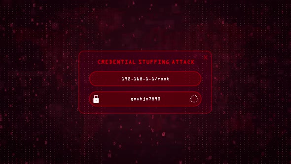 Credential Stuffing Computer Hacking attack over red binary background with digital world map.