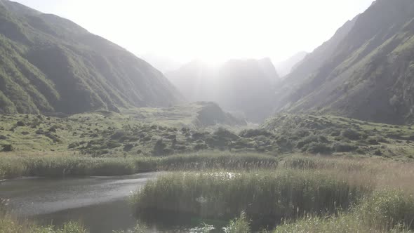 Aerial view of Gveleti Love Lake at sunset. Georgia