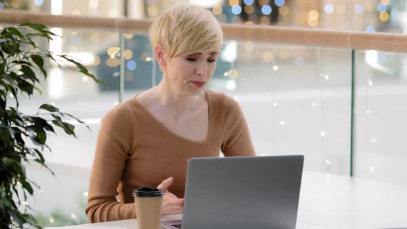 Middle Aged Business Woman Online Female 40s Entrepreneur Boss Yelling Arguing Online Negative