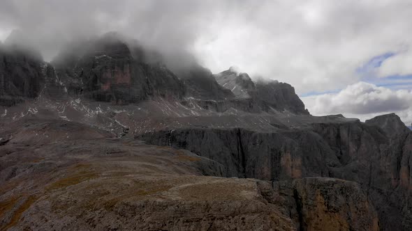 Aerial View of the Paso Gardena Pass in the Province of Bolzano. Dolomites. Flying Near the Sella