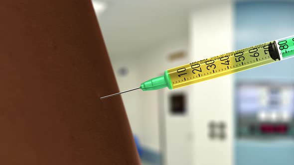 Syringe injecting liquid in dark skin human