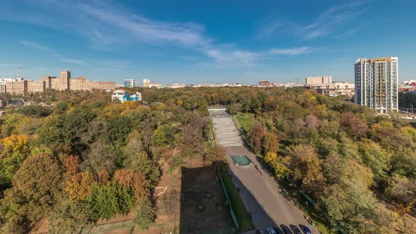 Aerial Panoramic View to a Staircase with Fountains in the Shevchenko Garden Timelapse