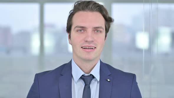 Portrait of Cheerful Young Businessman Showing Thumbs Up