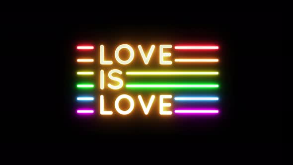 Love is Love Rainbow Flag LGBT Neon Sign Over Black Background 4K Animation