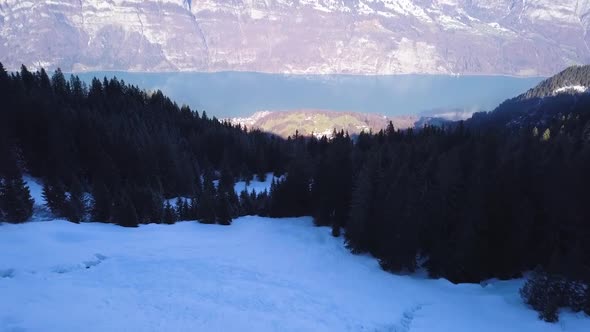 Drone shot of the beautiful Churfirsten and the Walensee in Switzerland.