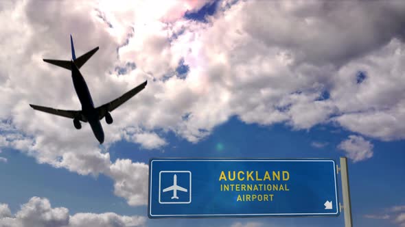 Airplane landing at Auckland New Zealand airport