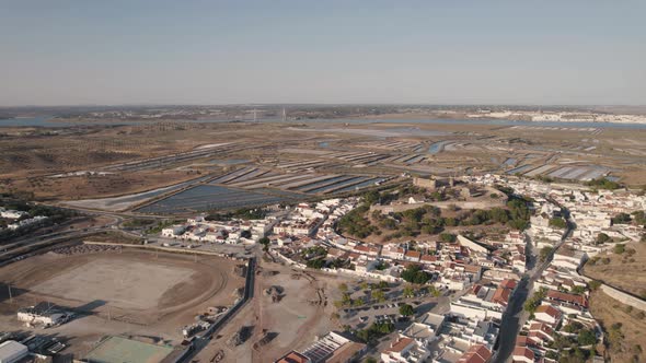 Panoramic aerial of Castro Marim, charming town with Medieval Castle, Algarve, Portugal