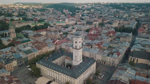 Aerial Drone Footage of European City Lviv, Ukraine, Flight Above Popular Ancient Part of Old Town