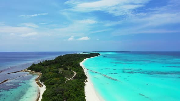 Aerial seascape of relaxing resort beach wildlife by turquoise ocean and white sandy background of a