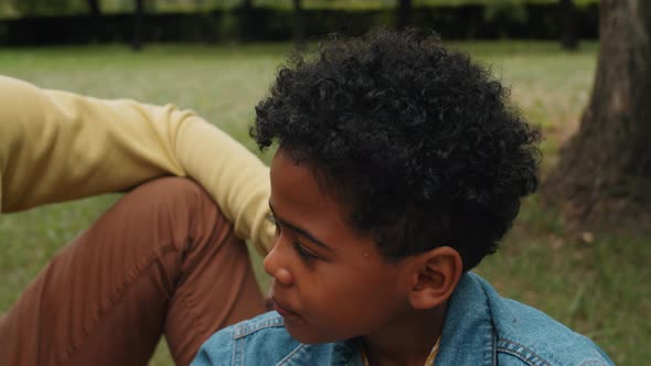 Happy Afro Boy and Dad Petting Golden Retriever Dog on Picnic