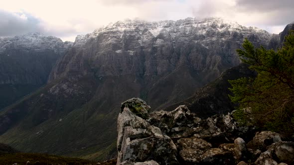 Snowy mountains of Mont Rochelle, Franschhoek South Africa, static shot