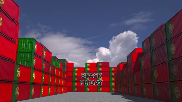 Containers with BLACK FRIDAY Text and Flags of Portugal