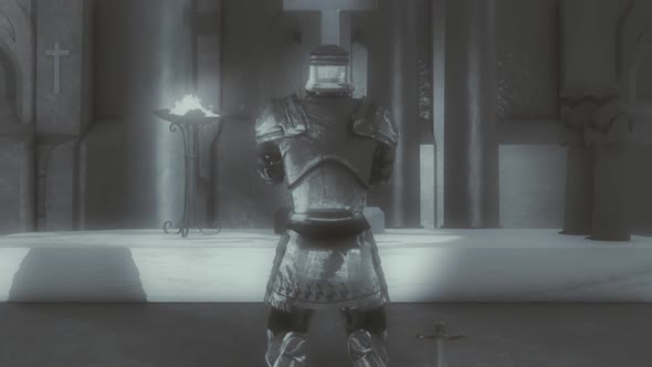 Medieval Paladin Knight On His Knees Praying Inside A Church Or A Monastery