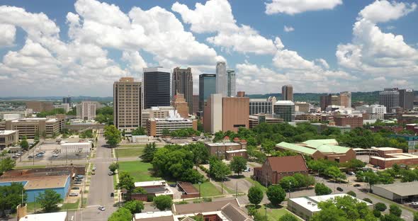 Birmingham, Alabama skyline with drone video moving in.