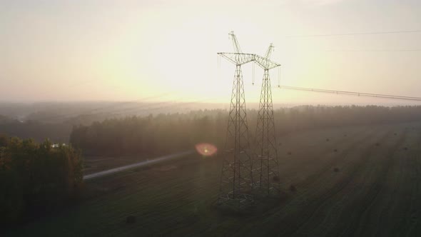 Power Line in the Countryside at Dawn