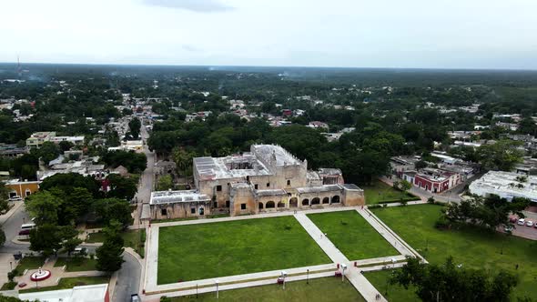 Aerial shot of church and park in Valladolid Mexico