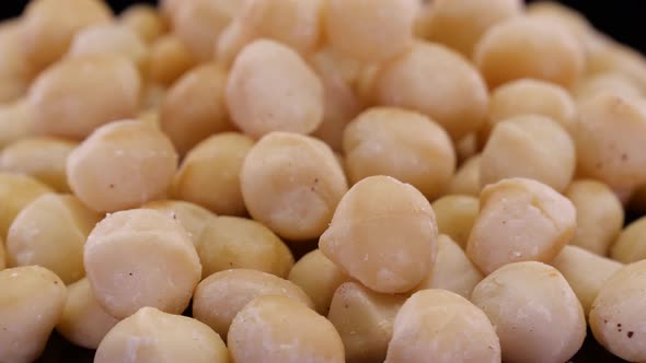 Macadamia nuts rotating close up. Macadamia, organic and ecological nuts.