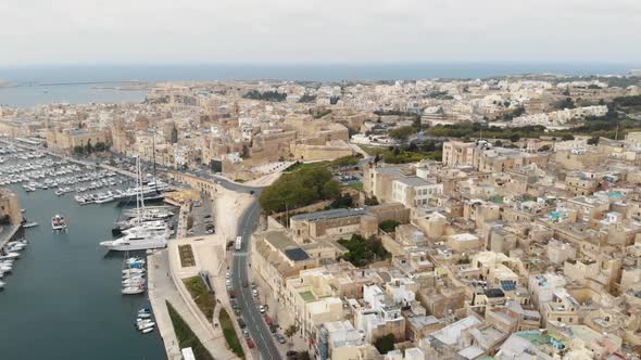 Panoramic overlooking the Grand Harbour in the Three Cities of Malta - Survey Aerial shot