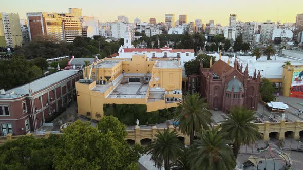 Aerial parallax shot of The Recoleta cultural centre and cemetery on background