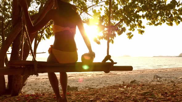 Beautiful woman in bikini sitting on wooden swing under tree on the beach