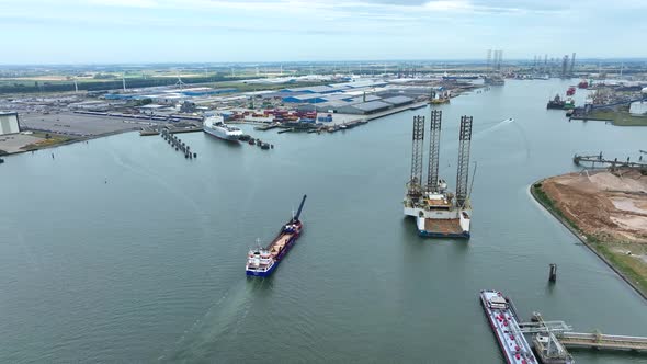 Self Unloading Bulk Carrier Vessel Aerial View Arriving at Port