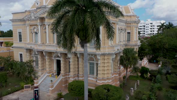 Aerial ascent showing the Palacio Canton museum mansion on the Paseo de Montejo in Merida, Yucatan,