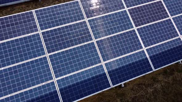 Aerial Drone View Solar Panels on Sunny Day Closeup