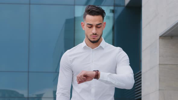 Hispanic Young Bearded Business Man Boss Leader Manager Investor Waiting Meeting Wears Formal Shirt