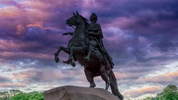 Statue of Peter the Great in St Petersburg Russia with a ramatic sky in a parallax or cinemagraph an