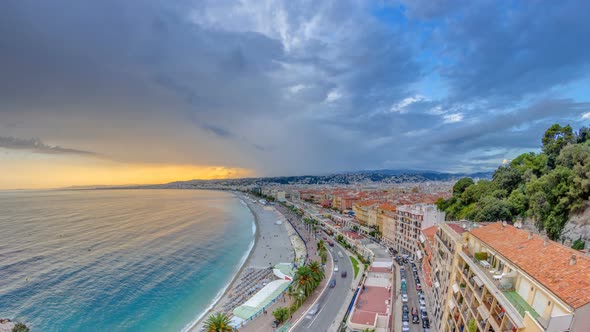 Sunset Over Nice City and Mediterranean Sea Aerial Timelapse