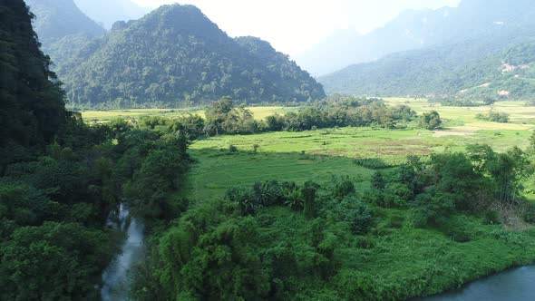 Nature landscape near town of Vang Vieng in Laos seen from the sky