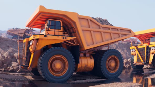 Animation of yellow dump trucks going one by one. Dumpers carrying a heavy load.