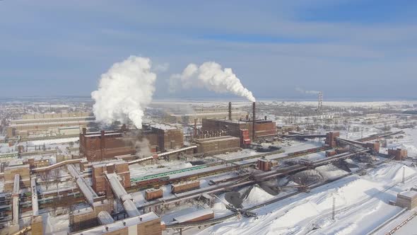 Smoke From Factory Chimneys Pollute Air Aerial View