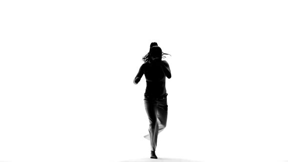 Silhouettes of Girl Are Practicing Capoeira in White Background of Studio. Afro-Brazilian Martial