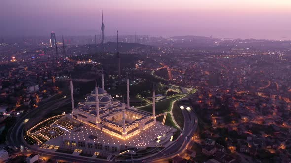 Aerial Drone View of Istanbul Camlica Mosque and Bosphorus. Biggest Mosque in Europa 09