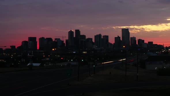 Denver Skyline at Dawn with Traffic Timelapse