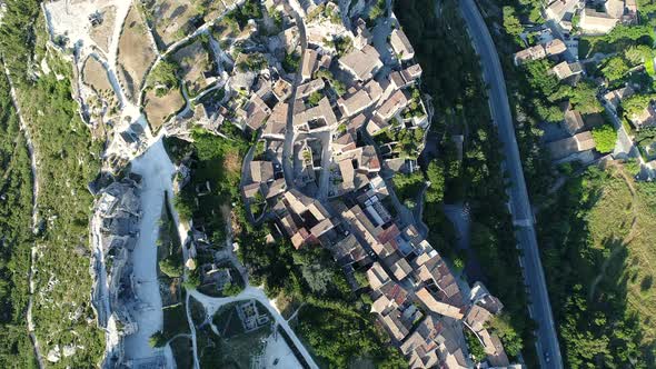 Village of Les Baux-de-Provence in Bouches-du-Rhone in France from the sky