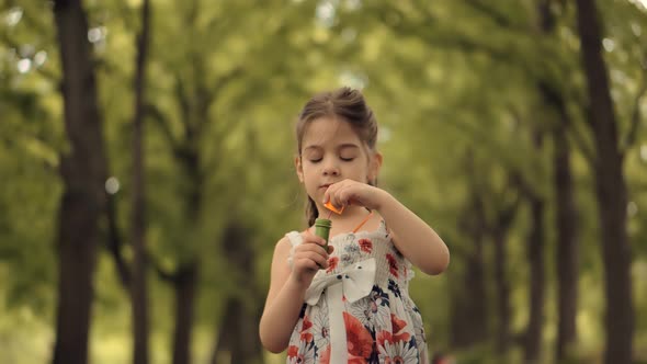 Girl Blowing Soap Bubbles. Family Having Fun In Park. Preschool Kid Leisure Outdoor Soap Bubble.