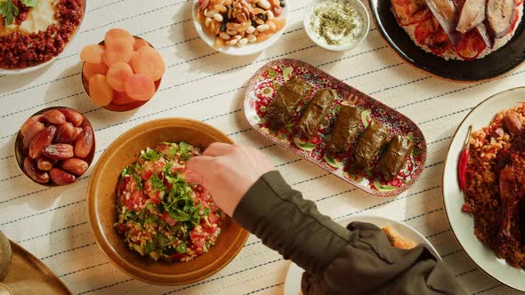 Kabsa Hummus Dolma Maqluba Tabbouleh Top View Middle Eastern National Traditional Food on Table