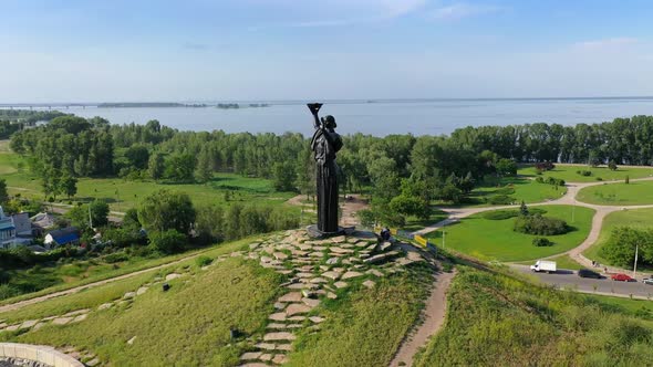 Aerial View of the Hill of Glory and Dnieper River at Cherkasy City