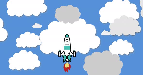Animation of spaceship rocket taking off with cut outs of white clouds alt